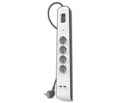 Belkin Regleta de enchufes con 4 tomas y 2 puertos USB-A (2,4 A) con protección contra sobretensiones, 525 julios, ladrón, cable de 2 metros, base múltiple con protección eléctrica, hogar y oficina