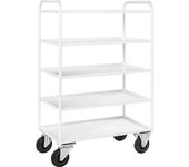 Kongamek Carro con pisos KM41, 5 pisos con remate, L x A x H 955 x 550 x 1490 mm, blanco, 2 ruedas de maniobra con freno, 2 ruedas fijas, a partir de