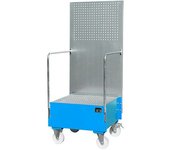 eurokraft pro Cubeta colectora rodante con pared de placas perforadas, 1 bidón de 200 l de pie, L x A x H 870 x 890 x 2110 mm, azul luminoso
