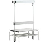 Sypro Banco para vestuarios con listones de aluminio, H x P 1650 x 725 mm, por ambos lados, longitud 1015 mm, 6 ganchos, gris luminoso, rejilla para