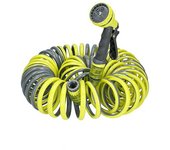 Ferrestock FSKMES002 kit completo de manguera flexible en espiral de 15m de longitud, pistola de riego con 6 funciones, conectores para pistola y de rosca para el grifo