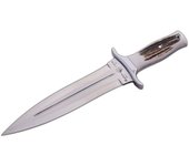 Cuchillo de Caza MONTERO J&V con mango Asta de ciervo, hoja de 23.5 cms y Funda marrón de piel, Herramienta de Camping para Pesca, Caza, Actividad Deportiva