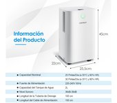 Costway Deshumidificador 15 L 15 m2 Portátil para Casa con 3 Modalidades 2 Velocidades Temporizador 24 Horas Auto Descongelamiento Blanco