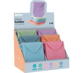 Apli expositor de porta mascarillas de silicona - 140x110x1.5 mm - textura suave - 18 fundas de diferentes colores - cierre de boton - asa para colgar - faciles de limpiar y esterilizar