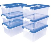 Jovi pack de 6 baules para almacenaje escolar 280x190x130mm - ideal para material escolar y juguetes - facil de apilar - cuerpo transparente con tapa azul