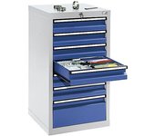 kaiserkraft Cajonera, H x A x P 900 x 500 x 500 mm, 6 cajones de 100 mm de altura y 1 cajón de 200 mm, cuerpo en gris luminoso, cajones en azul