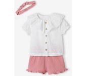 VERTBAUDET Conjunto de 3 prendas para bebé - blusa bordada, short de gasa de algodón y cinta del pelo a juego rosa