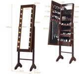 Costway Armario Joyero Vertical con Espejo de Cuerpo Entero Organizador para Joyas con Luces Ángulo Regulable Marrón 145 x 35 x 31,5 cm