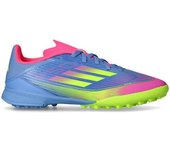 Adidas - Bota de fútbol F50 League Turf Niño, Unisex, Blue Fusion-Lucid Lemon-Lucid Pink, 4,5 UK
