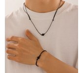 Ingemark 2Pcs Goth Simple Black Leather Wax Thread Chain Necklace Bracelet for African Men Stone Beads Choker Male Jewelry Set