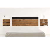 CAMA EXPRESS Cabecero Madera natural y negro + 2 mesitas con estantes | Combinado Madera Maciza Natural Encerado y Fondo Negro