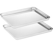Juego de bandejas para hornear de acero inoxidable, 2 bandejas rectangulares para horno, no tóxicas, aptas para lavavajillas, saludables, fáciles de limpiar para hornear y servir