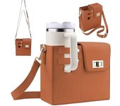 Bolsa de almacenamiento portátil para exteriores con forma de bandolera para mujer, portabotellas de cuero multifuncional con correa de hombro ajustable (rosa)