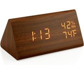 Reloj despertador digital de madera Reloj digital LED Reloj de escritorio con brillo ajustable con temperatura y humedad, 12/24 horas