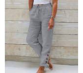 Womens Summer Elastic Waist Pocket Pocket Solid Color Cotton Linen Wide Leg Pants Loose Nine Points Pants Pants for Women