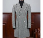 Check Men's Blazer with Double Breasted Business Suit Jacket Peak Lapel Plaid Jacket Houndstooth Male Fashion Long Woolen Coat