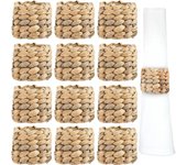 Juego de 12 anillos para servilletas, soporte para anillos de servilleta de jacinto de agua natural, anillos de servilleta tejidos de granja hechos a mano, decoración con hebilla de servilleta