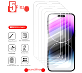 5Pcs Tempered Glass Screen Protector For iPhone 15 Pro Max Plus 14 13 Mini 11 12 X XS