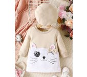 2PCS Spring Autumn Girls Dress With Round Neck Hat Long Sleeved Little Cat Cartoon Soft Top Fashionable Infant Child