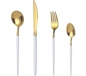 Mr.Spoon Juego 24 piezas cubiertos, Acero inoxidable 18/0, Color Dorado, Mango Blanco, Incluye cuchillo,tenedor,cuchara,cucharilla, Cubertería,Servicio para 6 Personas, Apto para lavavajillas. Ideas de regalo， Incluye bolsa de regalo.70161