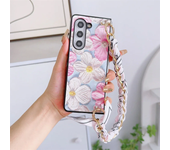 Golden Flower PU Leather Cover with Scarf Handbag Style Chain Wrist Strap For Samsung Galaxy Z Fold 6 5 4 3 5G Hard Phone Case