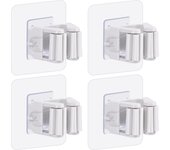 Paquete de 4 soportes para fregona y escoba para montaje en pared, pinza para escoba con adhesivo, sin necesidad de taladrar, colgador para escoba y recogedor para el hogar, jardín y garaje, color blanco