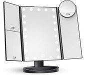 Espejo de maquillaje tocador con luz, aumento de 2X 3X 10X, espejo iluminado, control táctil, fuente de alimentación doble triple, LED portátil (negro)