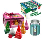 Pack relax: MENTOLIN EXTRA FUERTE S/A TUBO 12X20G + WELL HOME - Vela con flor tiare + WELL HOME - Caja de Té Joyfull con variedad de sabores