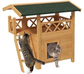 PawHut Casa para Gatos de Madera 77x50x73 cm Caseta para Gatos de 2 Niveles Refugio para Gatos con Techo Asfáltico Escalera y Balcón para Exterior