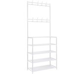 Perchero Multifuncional con Zapatero de 4 Niveles y 8 Ganchos – Ideal para Recibidor, Dormitorio, Salón o Baño – 78 x 27 x 5.5 cm – Color Blanco
