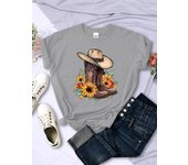 Cartoons Women T-Shirts Cowboy Riding Boots & Sunflowers Printed Tees O-Neck Comfortable Soft Short Sleeve Summer Female Clothes