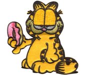 Parches Ropa Garfield – Parche Bordado Ropa – (licencia oficial) – Garfield & Food – Garfield comiendo Donuts – Donas – Mascotas – Animales – Graciosos – Simpáticos – 5,9 x 6,1 cm. - Moda The Happy Patch