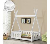 Cama infantil Helsingborg con colchón y reja de seguridad - Estructura tipi - pino 140x70 cm - Blanco mate [en.casa]