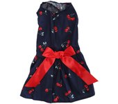 XZD232 Cherry Pattern Marine Blue S Pet Summer Cute Clothes Dog Polyester Sleeveless Skirt Dresses with Bowknot for Girl Dog