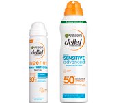 GARNIER | Delial Pack Sensitive Advanced Bruma Protectora Solar para pieles claras, sensibles e intolerantes al sol IP50+. Muy resistente al agua, 0% pegajoso, 0% graso +  SUPER UV FPS50+ Bruma Protectora Facial con Textura Invisible - 75+150 ml