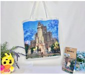 Bolso de hombro de compra con estampada de los dubujos paisaje con doble cara. tela loneta estampada dibujos personalizada.gran capacidad.dibujos madrid,barcalona,sol,portugal lisboa.sintra