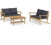vidaXL Set de muebles de jardín 3 piezas bambú con cojines gris oscuro