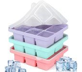 3 Piezas Moldes Cubiteras Hielo Grande con Tapa, Bandejas Hielo Cubitos Silicona Apilables y Fácil Quitar, Caja Purés Frutas 6 Cubos Reutilizable para Alimentos Bebés/Cócteles/Whisky/Vino/Helado