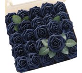Artificial Flowers 25pcs Real Looking Navy Blue Foam Fake Roses with Stems for DIY Wedding Bouquets Bridal Shower Centerpieces P