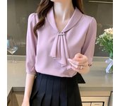 Women Summer Style Blouses Shirts Lady Office Wear OL Short Sleeve Bow Tie Collar Pink Blusas Tops