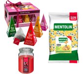 Pack Balsámico: MENTOLIN PLUS JENGIBRE S/A BOLSA 1KG + Vela perfumada de frutos rojos + Caja de Té Joyfull con variedad de sabores