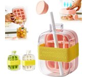 Cubitera, molde para cubitos de hielo sin contacto, vaso para cubitos de hielo, molde de fácil liberación para congelador, bandeja para cubitos de hielo 2 en 1 sin contacto, botella de agua con tapa y recipiente, 500 ml, rosa