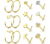 20G CZ Corazón Piercing Nostril para Mujeres Hombres, Hipoalergénico Nariz Piercing Joyas (14 Piezas) Gold 14K Anillos Nariz Arce Quirúrgico Anillos de Nariz Forma de L Nariz Studs