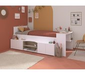 Vente-unique - Cama 90 x 190/200 cm con escritorio y compartimentos - blanco y natural + Somier + Colchón - JOCHIANE