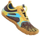 Zapatillas niño Saguaro Fast I color marron yema y azul carpines deportivos barefoot para playa piscina o montaña calzado respetuoso de la marca Saguaro con cierre de elasticos muy comodos