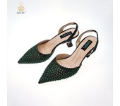 QSGFC New 2024 Elegant Lady Pointed-Toe Party Shoes Hollow Embroidery Rhinestone Design Mid-heel Dark Blue Color Shoes Bag Set