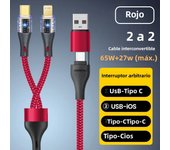 2-in-2  65W+27W Fast Charging USB/Type-C To Type-C/Lightning Fast Charger Cable For iPhone 14 15 Samsung Xiaomi Huawei
