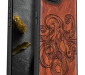 Funda magnética de madera para iPhone 16e 2025, madera maciza y TPU negro, diseño artesanal grabado, antigolpes, compatible con cargadores inalámbricos MagSafe, dibujo de pulpo - Rosado