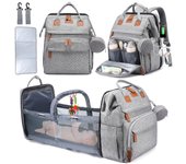 Mochila para pañales de bebé, bolso cambiador de pañales, bolso de bebé para niños y niñas, puerto de carga USB, estuche para chupete, visera y barra de juguetes, gris claro