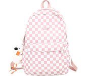 Mochila a cuadros con diseño estético Y2K y colgante kawaii, mochila ligera y estilo preppy para portátil (talla única, rosa)